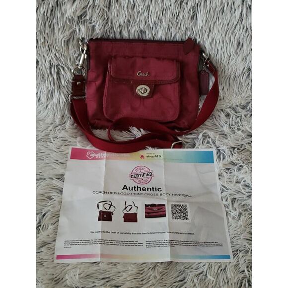 Coach Handbags - Coach Red Crossbody Shoulder Bag, Signature Logo Canvas Silver Tone Hardware COA